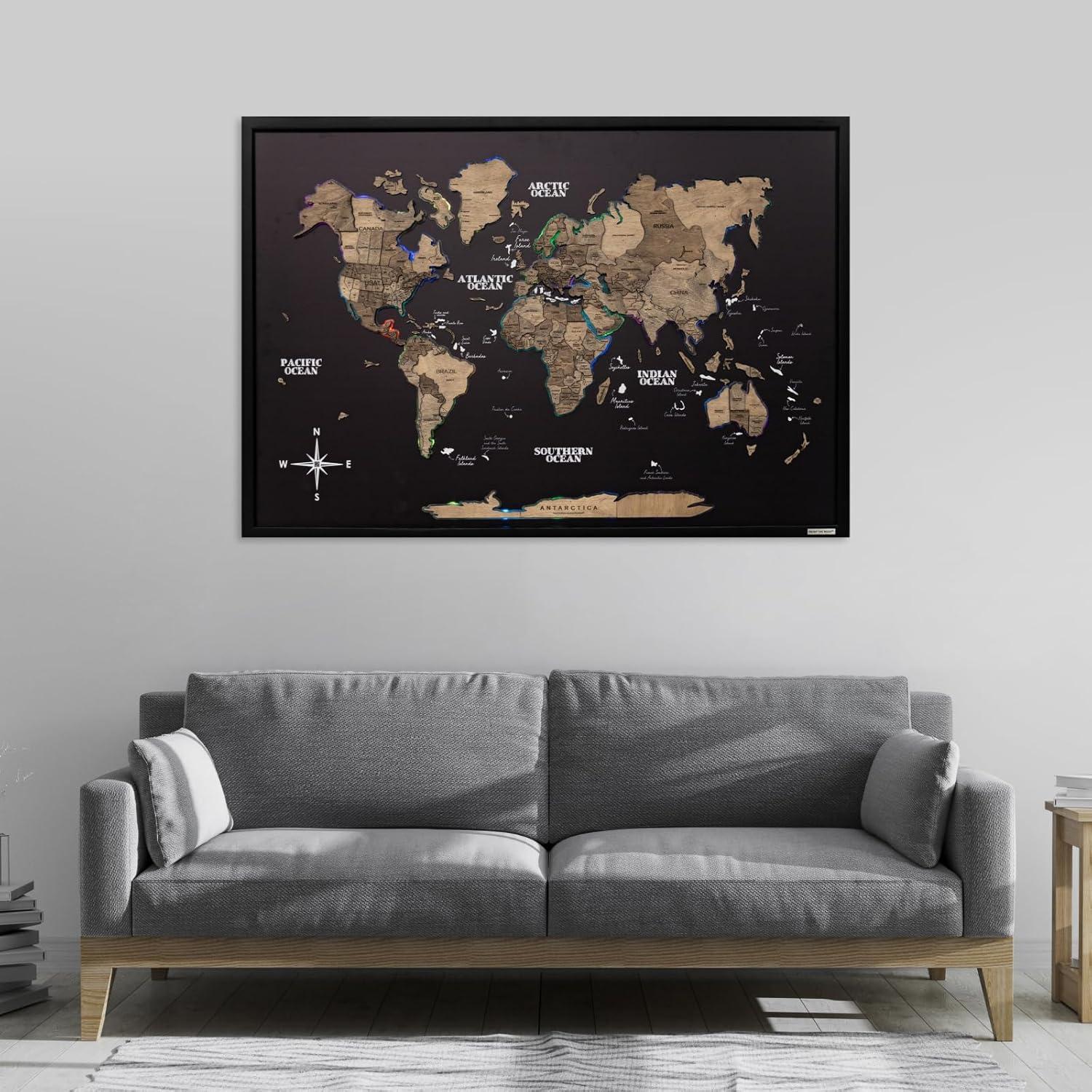 image:imageENJOY THE WOOD Wooden World Map on Board with LED Backlight 20 Handmade World Maps for Wall with Frame Personalizable Travel Map with Pins for Living Room Office or Bedroom Multicolor MediumTerra