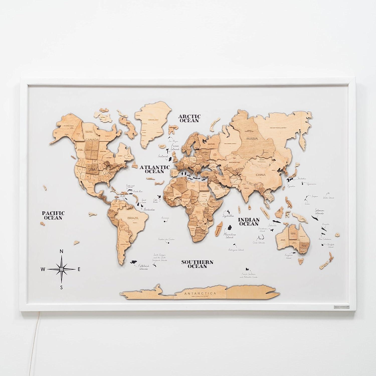 image:imageENJOY THE WOOD Wooden World Map on Board with LED Backlight 20 Handmade World Maps for Wall with Frame Personalizable Travel Map with Pins for Living Room Office or Bedroom Multicolor MediumLight