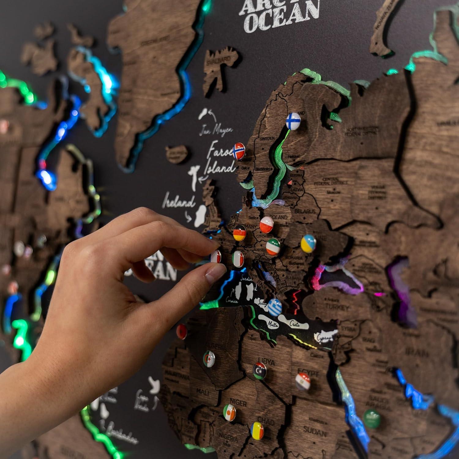 image:imageENJOY THE WOOD Wooden World Map on Board with LED Backlight 20 Handmade World Maps for Wall with Frame Personalizable Travel Map with Pins for Living Room Office or Bedroom Multicolor MediumDark Walnut