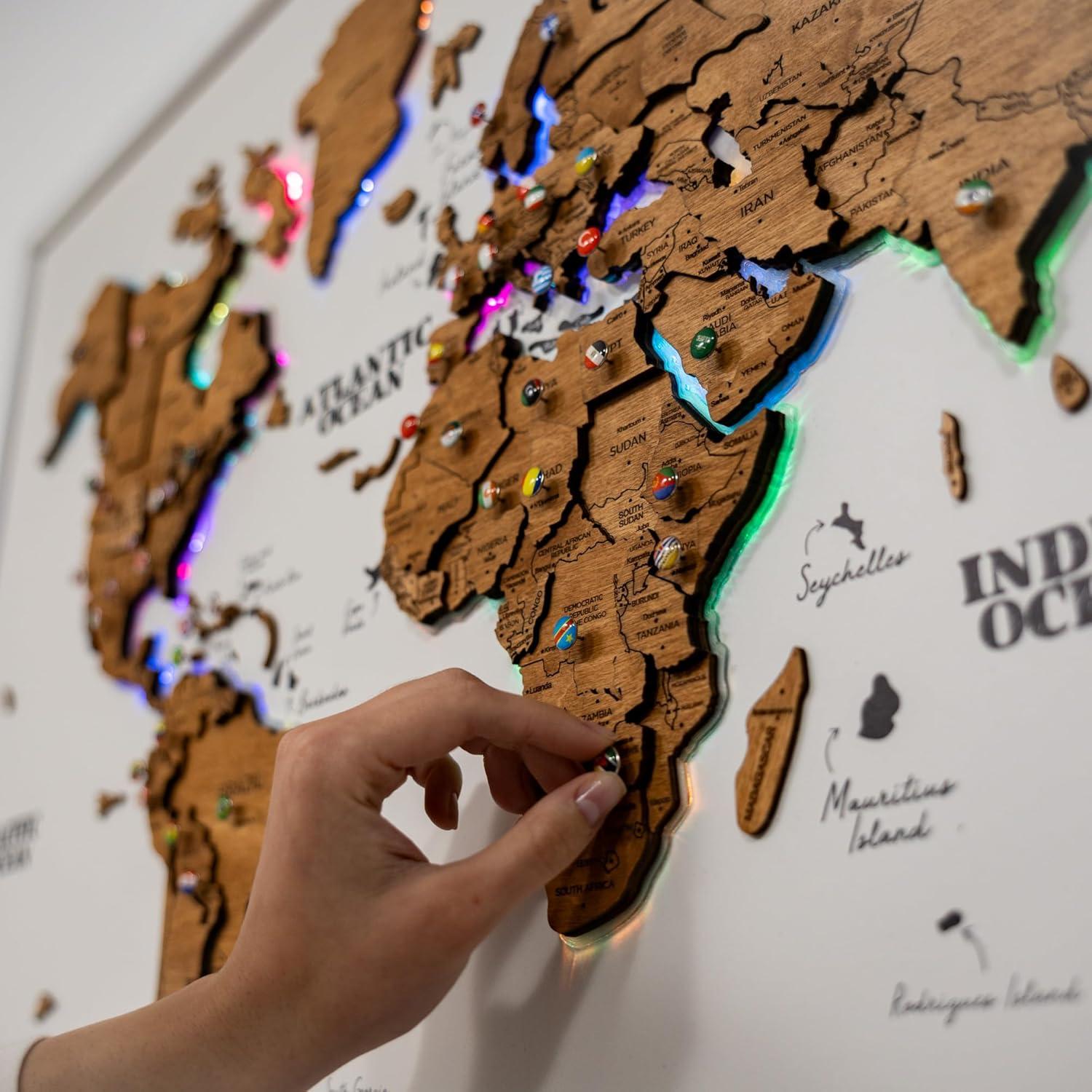 image:imageENJOY THE WOOD Wooden World Map on Board with LED Backlight 20 Handmade World Maps for Wall with Frame Personalizable Travel Map with Pins for Living Room Office or Bedroom Multicolor MediumOak
