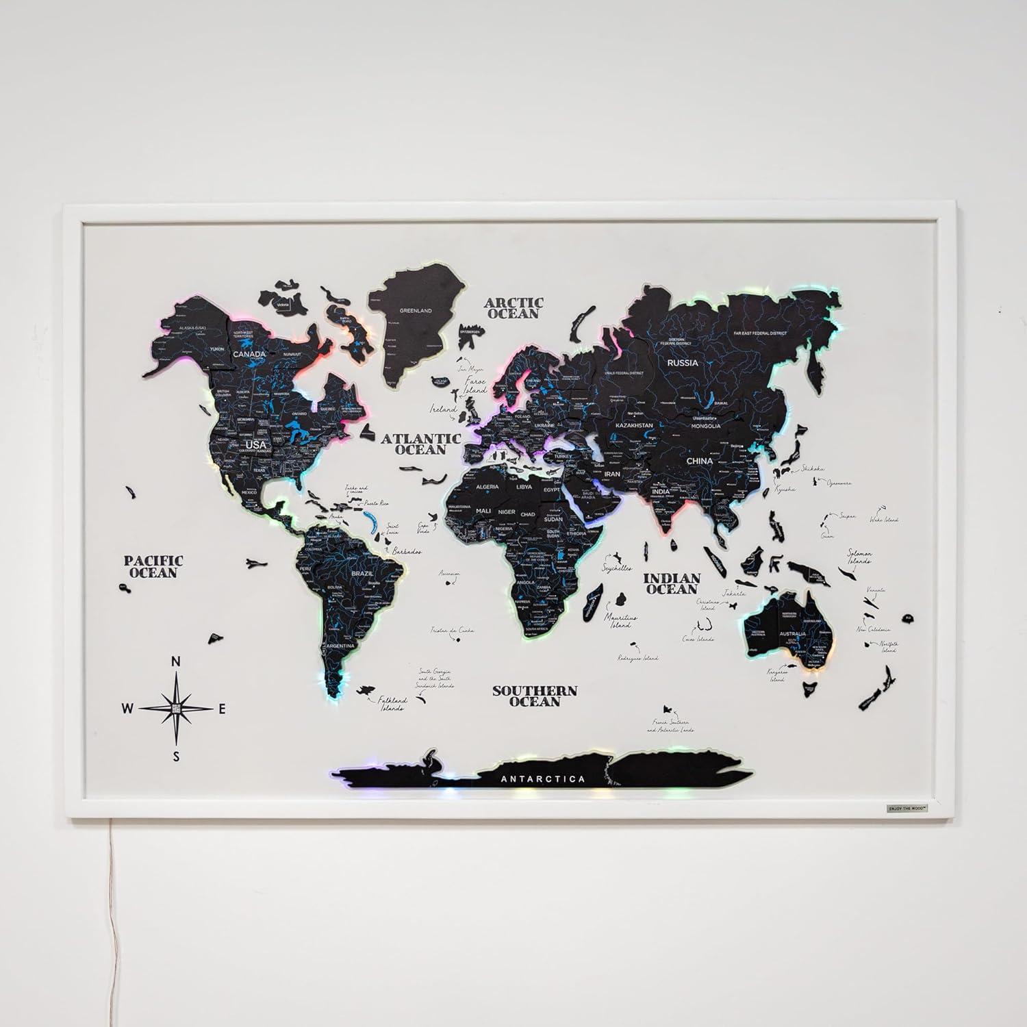 image:imageENJOY THE WOOD Wooden World Map on Board with LED Backlight 20 Handmade World Maps for Wall with Frame Personalizable Travel Map with Pins for Living Room Office or Bedroom Multicolor MediumMidnight