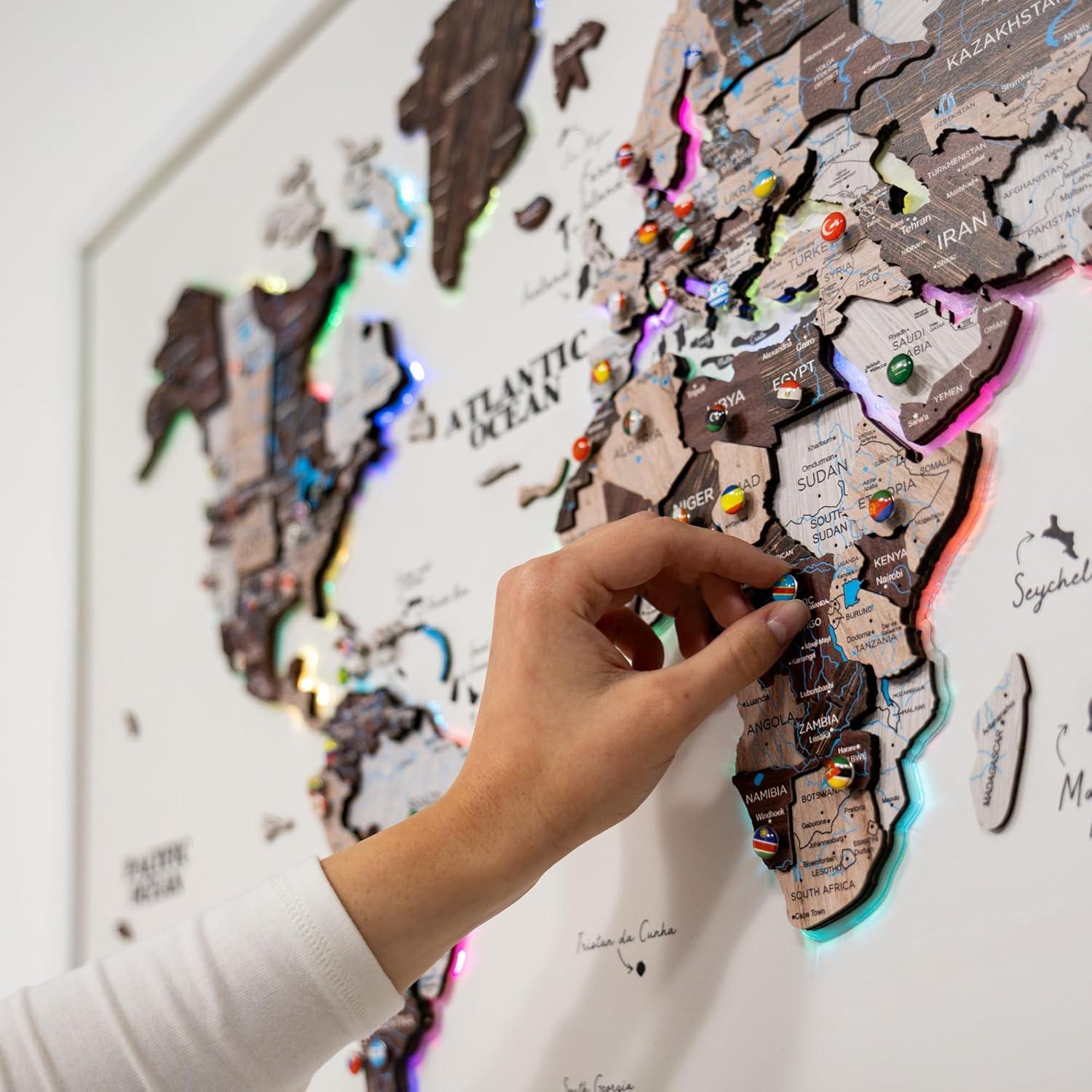 image:imageENJOY THE WOOD Wooden World Map on Board with LED Backlight 20 Handmade World Maps for Wall with Frame Personalizable Travel Map with Pins for Living Room Office or Bedroom Multicolor MediumCappuccino