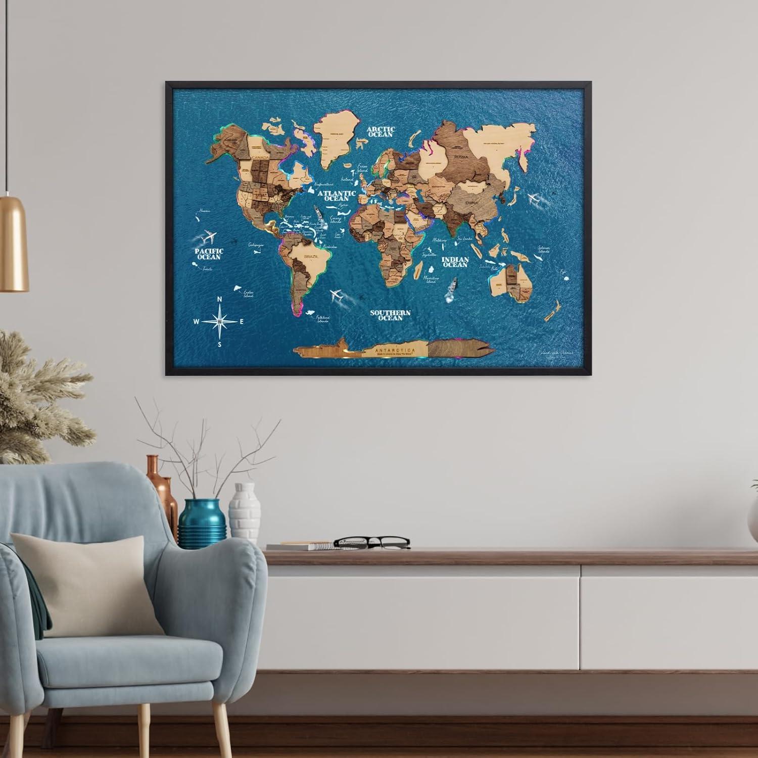 image:imageENJOY THE WOOD Wooden World Map on Board with LED Backlight 20 Handmade World Maps for Wall with Frame Personalizable Travel Map with Pins for Living Room Office or Bedroom Multicolor MediumSmokey