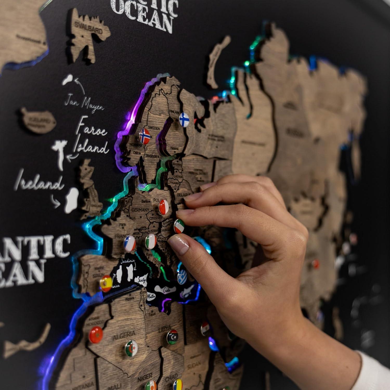 image:imageENJOY THE WOOD Wooden World Map on Board with LED Backlight 20 Handmade World Maps for Wall with Frame Personalizable Travel Map with Pins for Living Room Office or Bedroom Multicolor MediumTerra