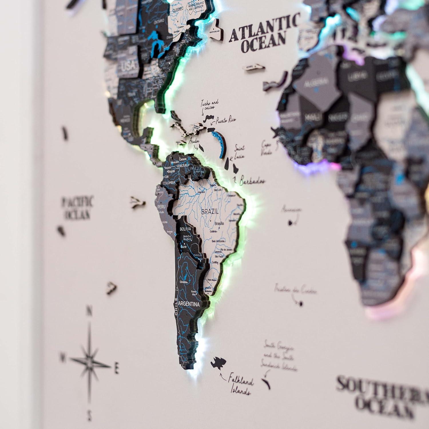 image:imageENJOY THE WOOD Wooden World Map on Board with LED Backlight 20 Handmade World Maps for Wall with Frame Personalizable Travel Map with Pins for Living Room Office or Bedroom Multicolor MediumNordik