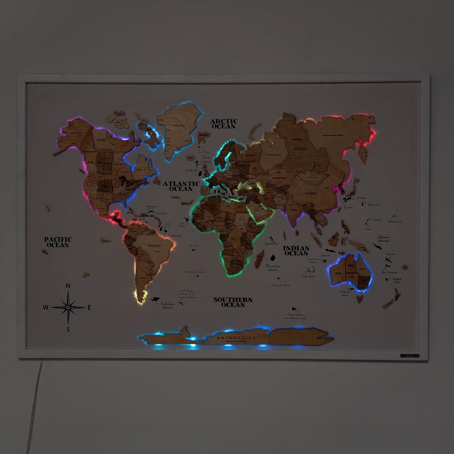 image:imageENJOY THE WOOD Wooden World Map on Board with LED Backlight 20 Handmade World Maps for Wall with Frame Personalizable Travel Map with Pins for Living Room Office or Bedroom Multicolor MediumLight