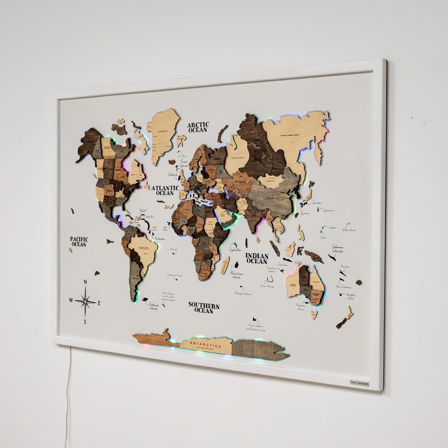image:imageENJOY THE WOOD Wooden World Map on Board with LED Backlight 20 Handmade World Maps for Wall with Frame Personalizable Travel Map with Pins for Living Room Office or Bedroom Multicolor MediumSmokey