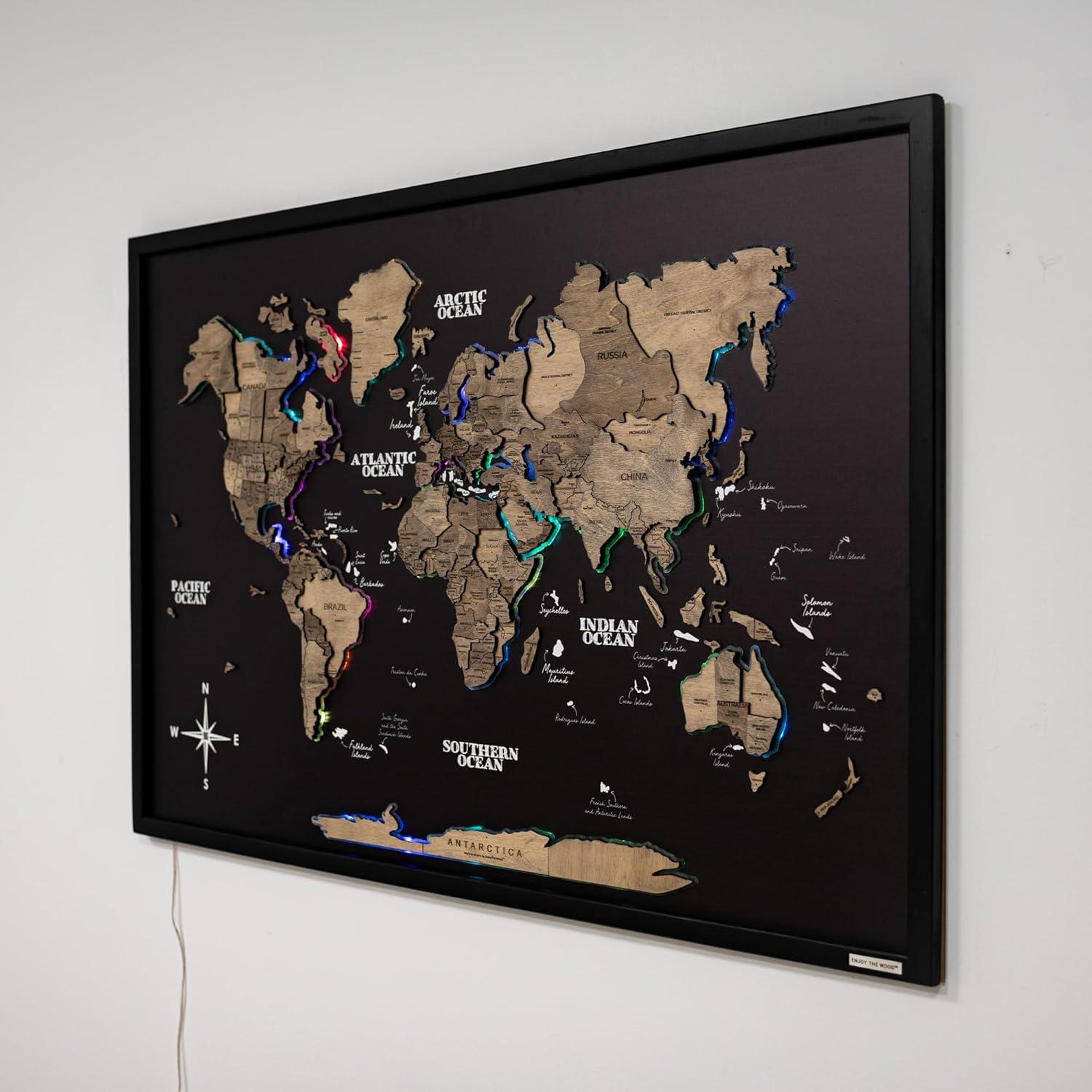 image:imageENJOY THE WOOD Wooden World Map on Board with LED Backlight 20 Handmade World Maps for Wall with Frame Personalizable Travel Map with Pins for Living Room Office or Bedroom Multicolor MediumTerra