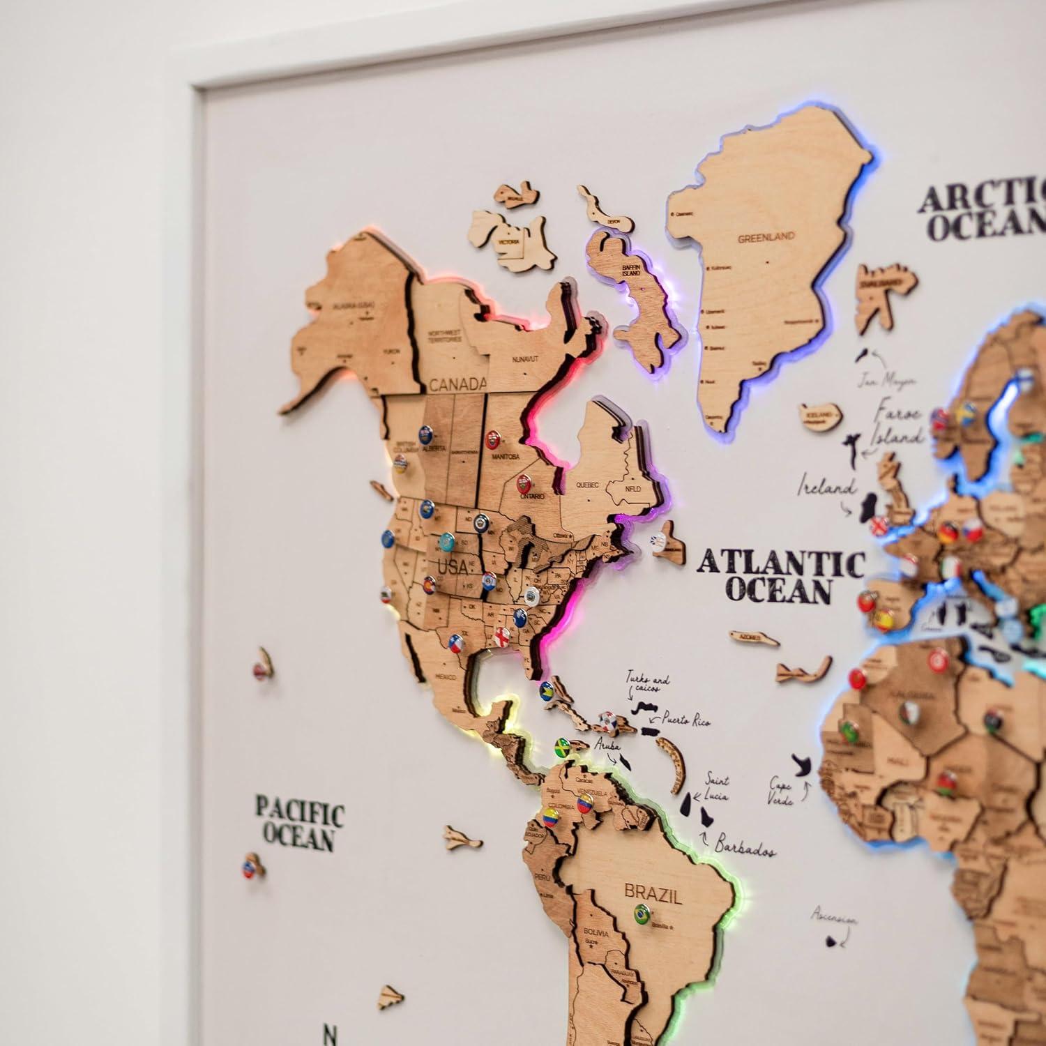 image:imageENJOY THE WOOD Wooden World Map on Board with LED Backlight 20 Handmade World Maps for Wall with Frame Personalizable Travel Map with Pins for Living Room Office or Bedroom Multicolor MediumLight