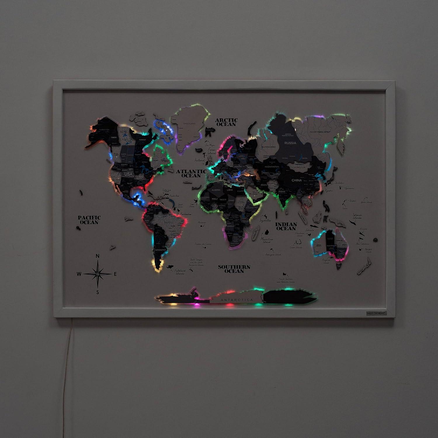 image:imageENJOY THE WOOD Wooden World Map on Board with LED Backlight 20 Handmade World Maps for Wall with Frame Personalizable Travel Map with Pins for Living Room Office or Bedroom Multicolor MediumNordik