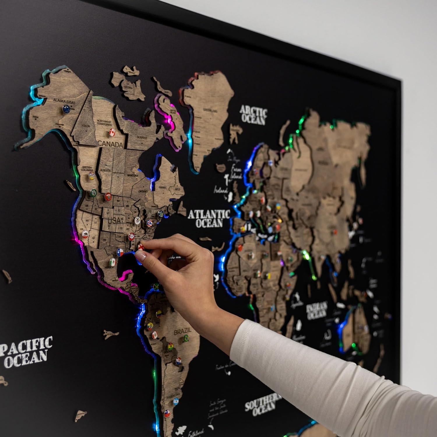 image:imageENJOY THE WOOD Wooden World Map on Board with LED Backlight 20 Handmade World Maps for Wall with Frame Personalizable Travel Map with Pins for Living Room Office or Bedroom Multicolor MediumTerra