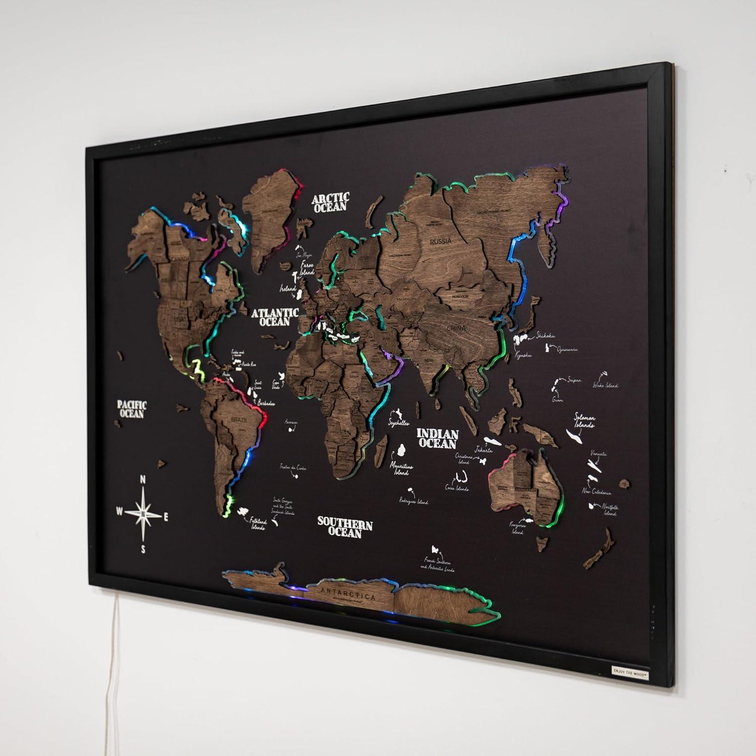 image:imageENJOY THE WOOD Wooden World Map on Board with LED Backlight 20 Handmade World Maps for Wall with Frame Personalizable Travel Map with Pins for Living Room Office or Bedroom Multicolor MediumDark Walnut