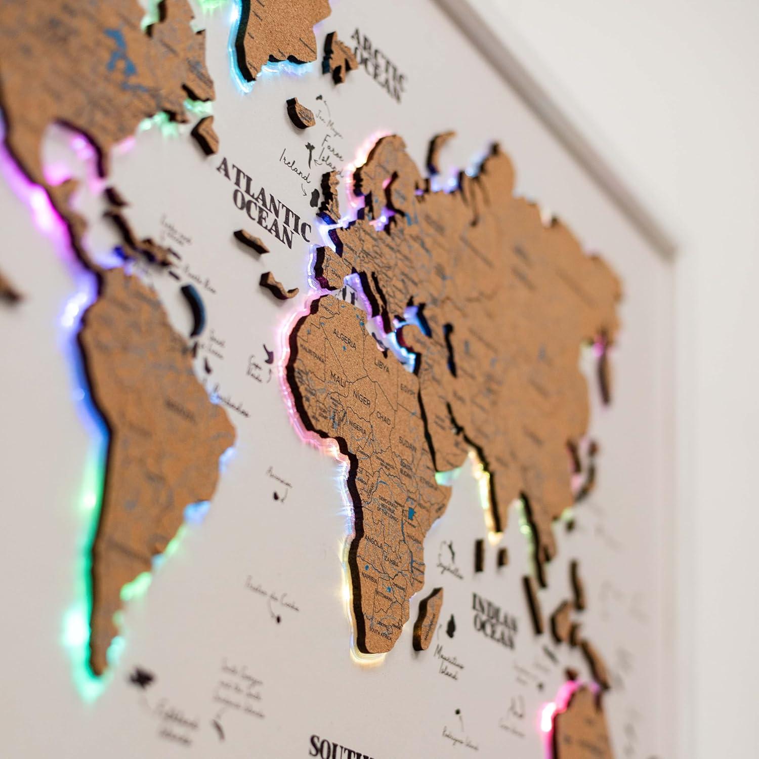 image:imageENJOY THE WOOD Wooden World Map on Board with LED Backlight 20 Handmade World Maps for Wall with Frame Personalizable Travel Map with Pins for Living Room Office or Bedroom Multicolor MediumCork