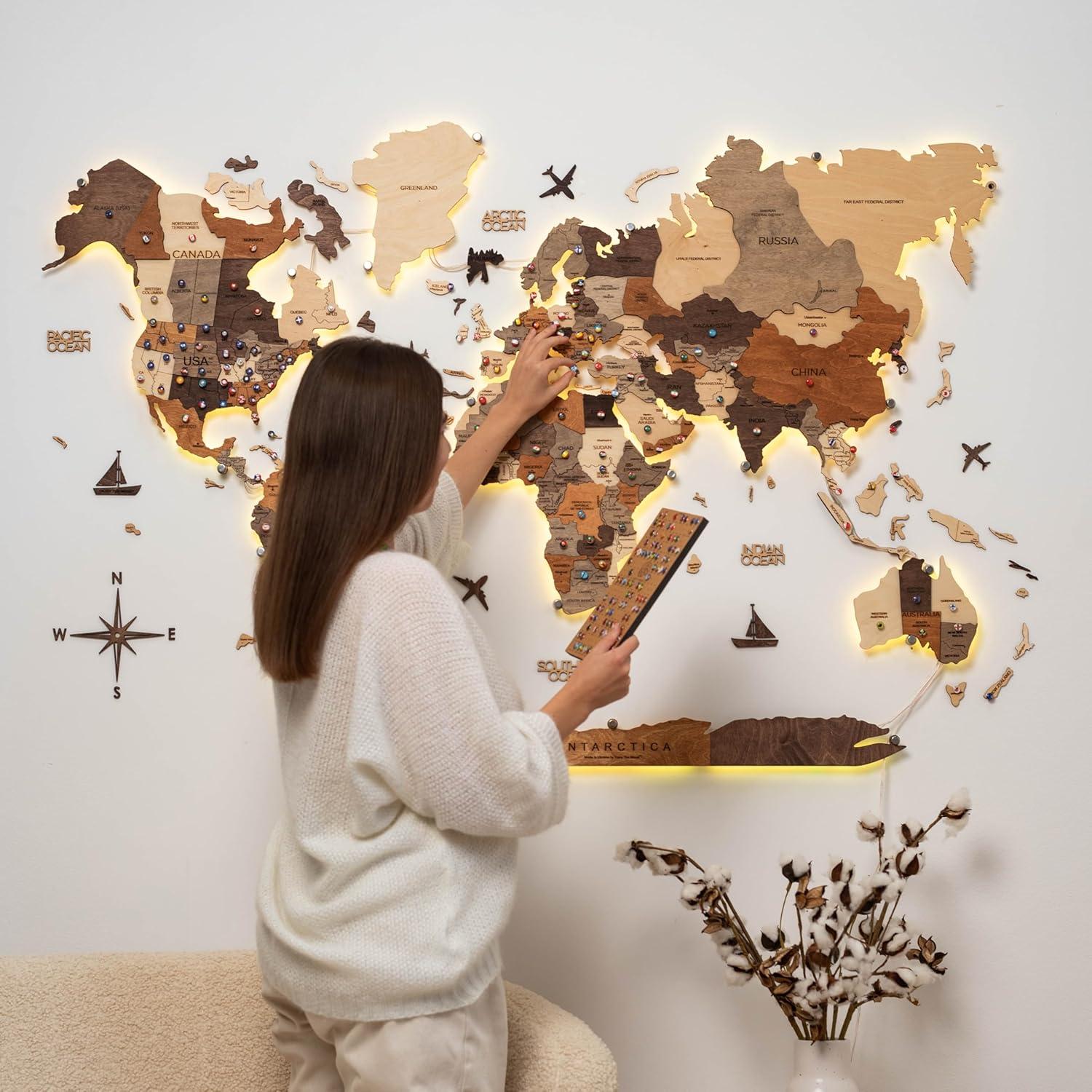 image:imageEnjoy The Wood 3D Wood World Map LED 30 Wall Art Modern Home Decor Gifts LED Lighting Wall Decor Housewarming Gift LightMulticolor