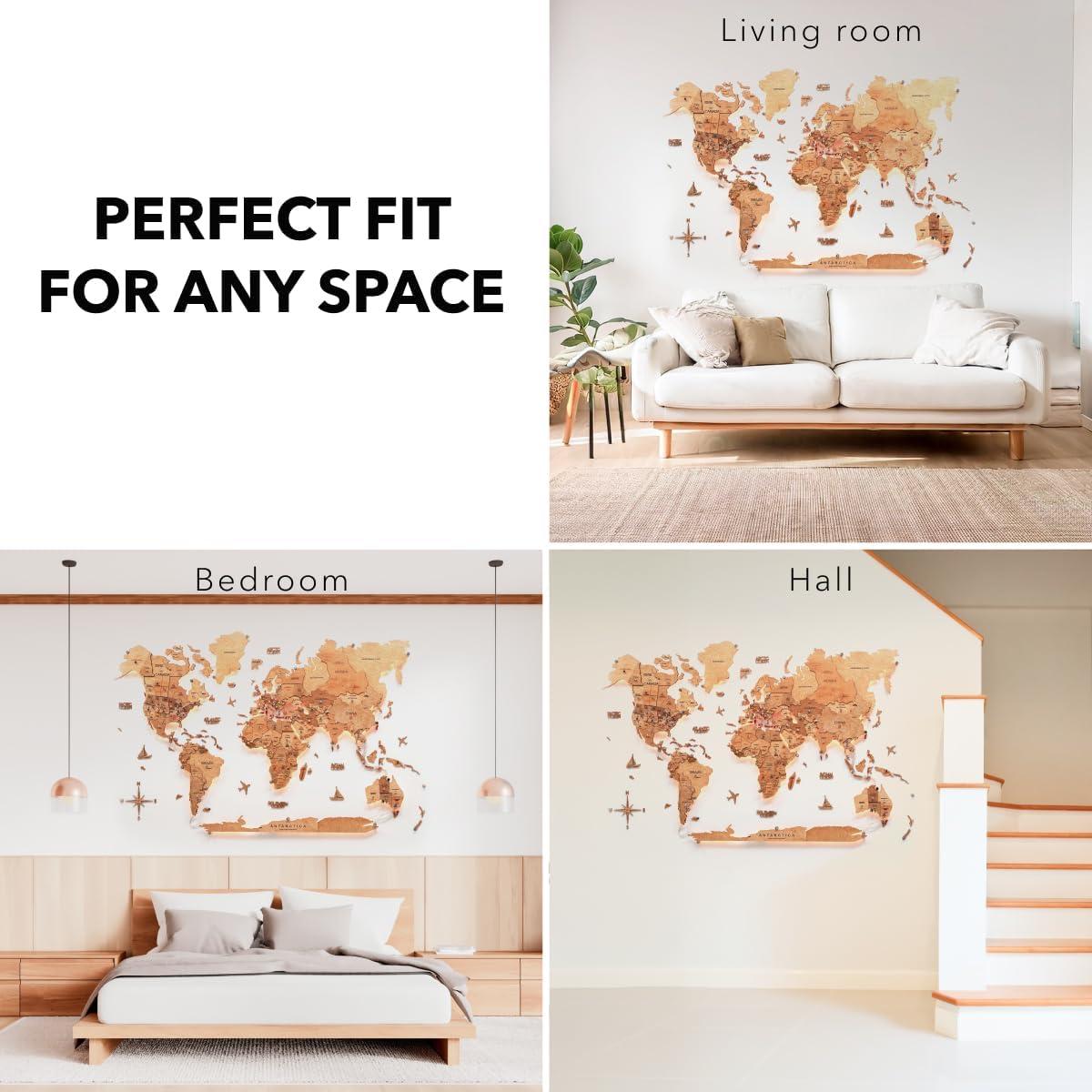 image:imageEnjoy The Wood 3D Wood World Map LED 30 Wall Art Modern Home Decor Gifts LED Lighting Wall Decor Housewarming Gift LightOak