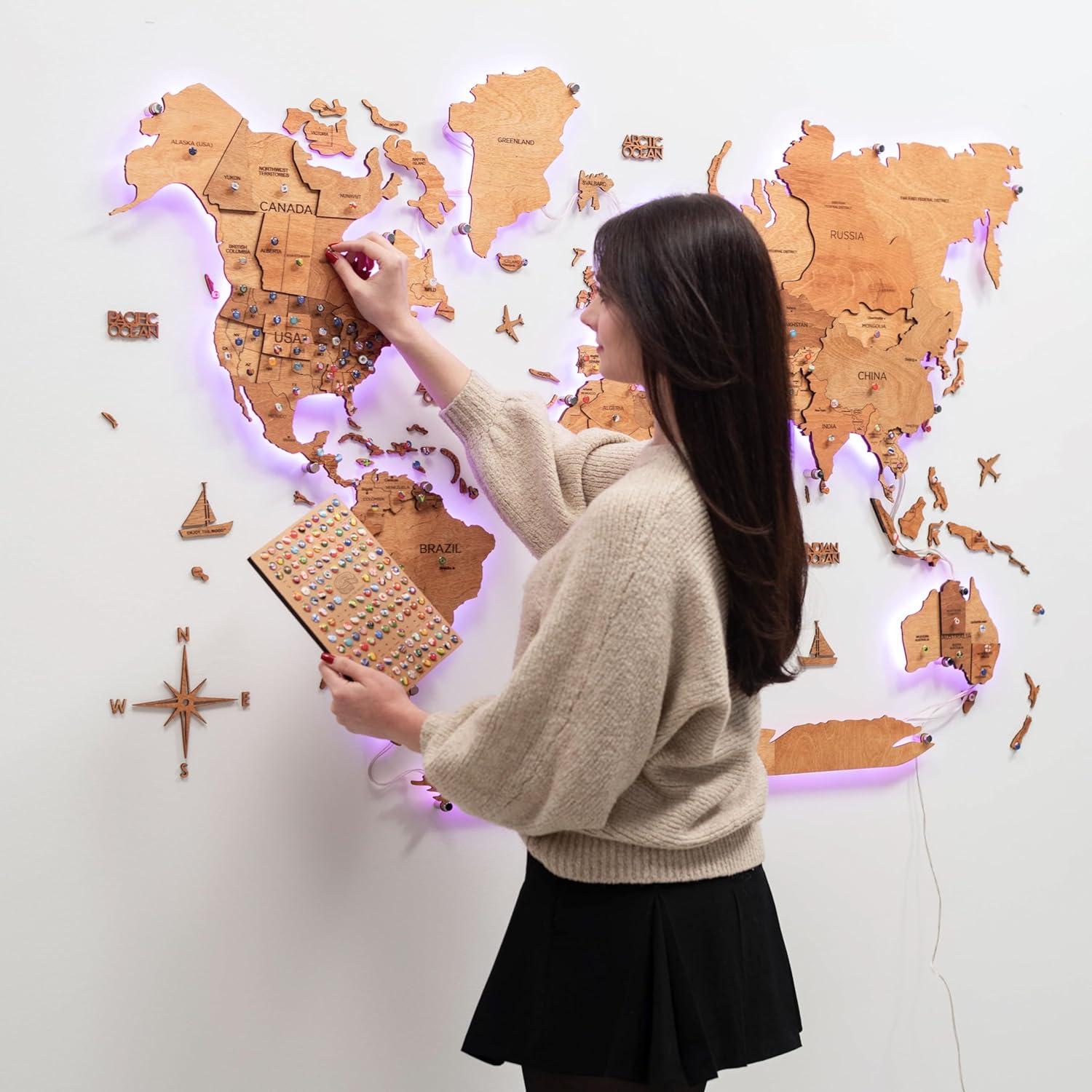 image:imageEnjoy The Wood 3D Wood World Map LED 30 Wall Art Modern Home Decor Gifts LED Lighting Wall Decor Housewarming Gift LightOak