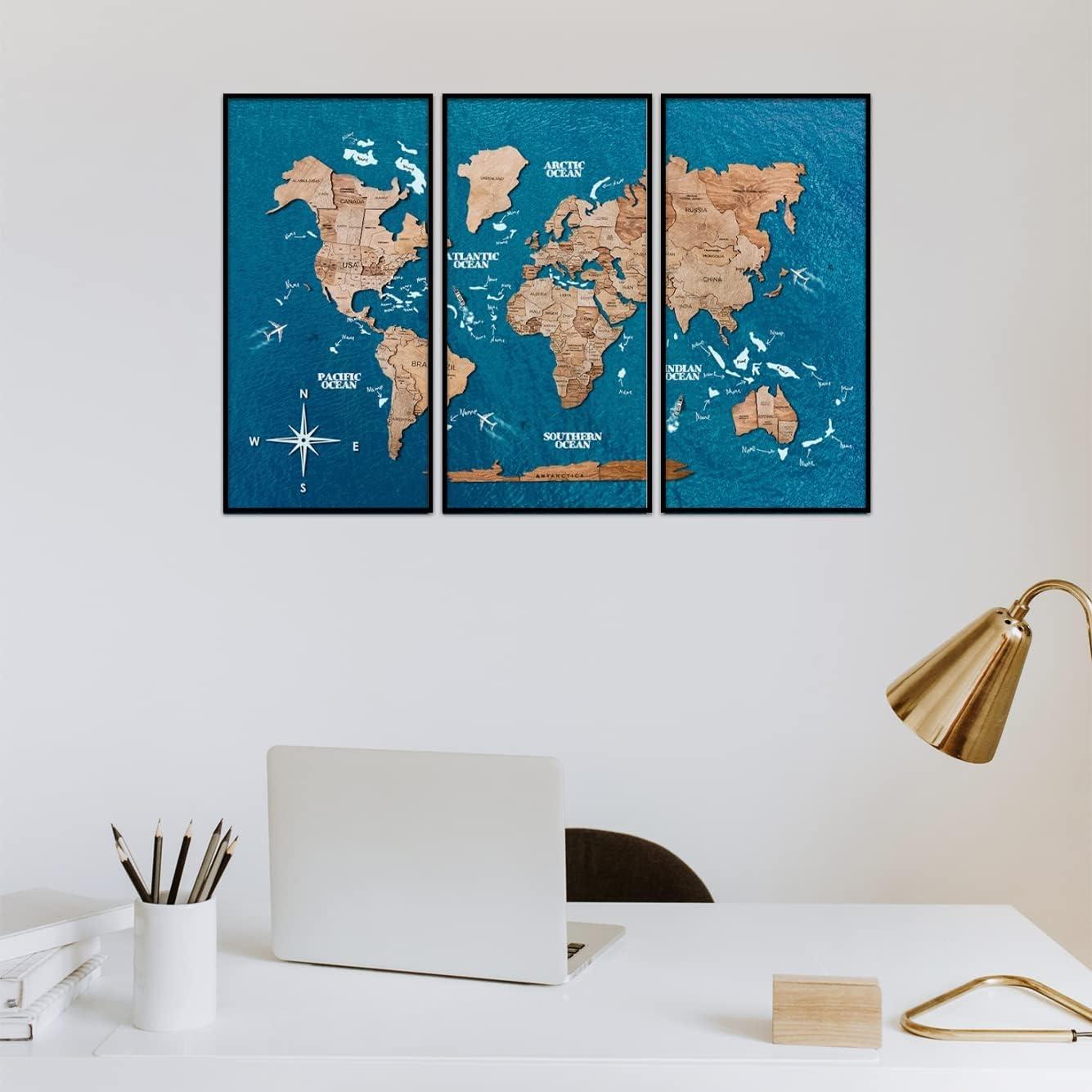 image:imageEnjoy The Wood Framed World Map Wall Art Wood Travel Decor 3D World Map On Board 3 Panels Wall Rustic Decoration Housewarming Gift Medium Triptych CruiseTerra