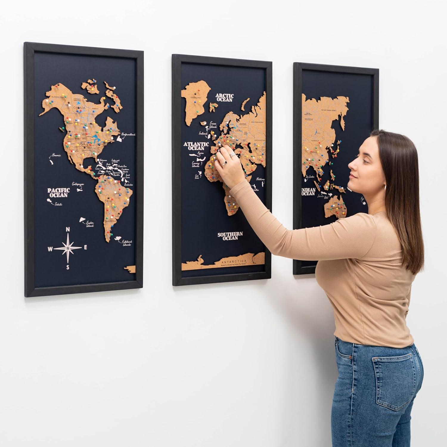 image:imageEnjoy The Wood Framed World Map Wall Art Wood Travel Decor 3D World Map On Board 3 Panels Wall Rustic Decoration Housewarming Gift Medium Triptych CruiseCork