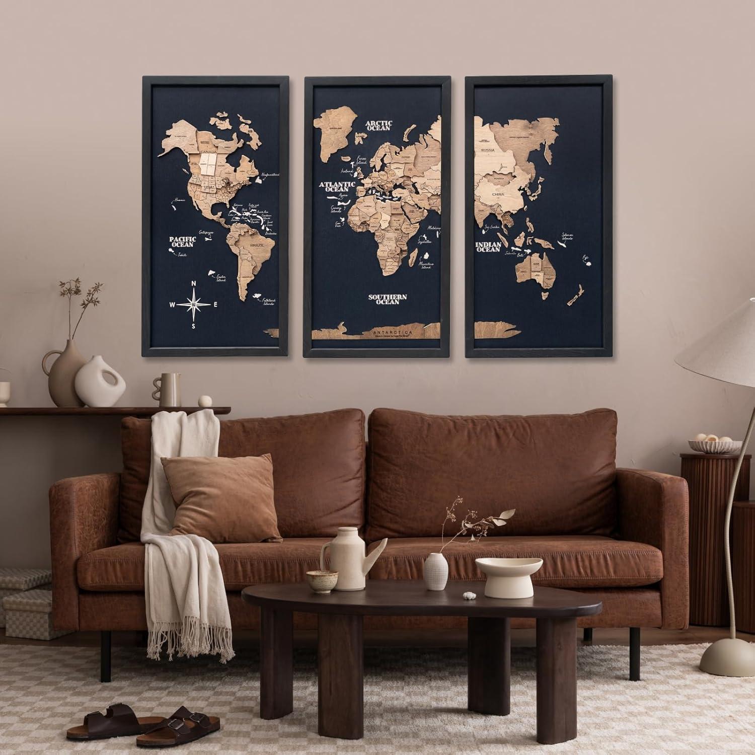 image:imageEnjoy The Wood Framed World Map Wall Art Wood Travel Decor 3D World Map On Board 3 Panels Wall Rustic Decoration Housewarming Gift Medium Triptych CruiseTerra