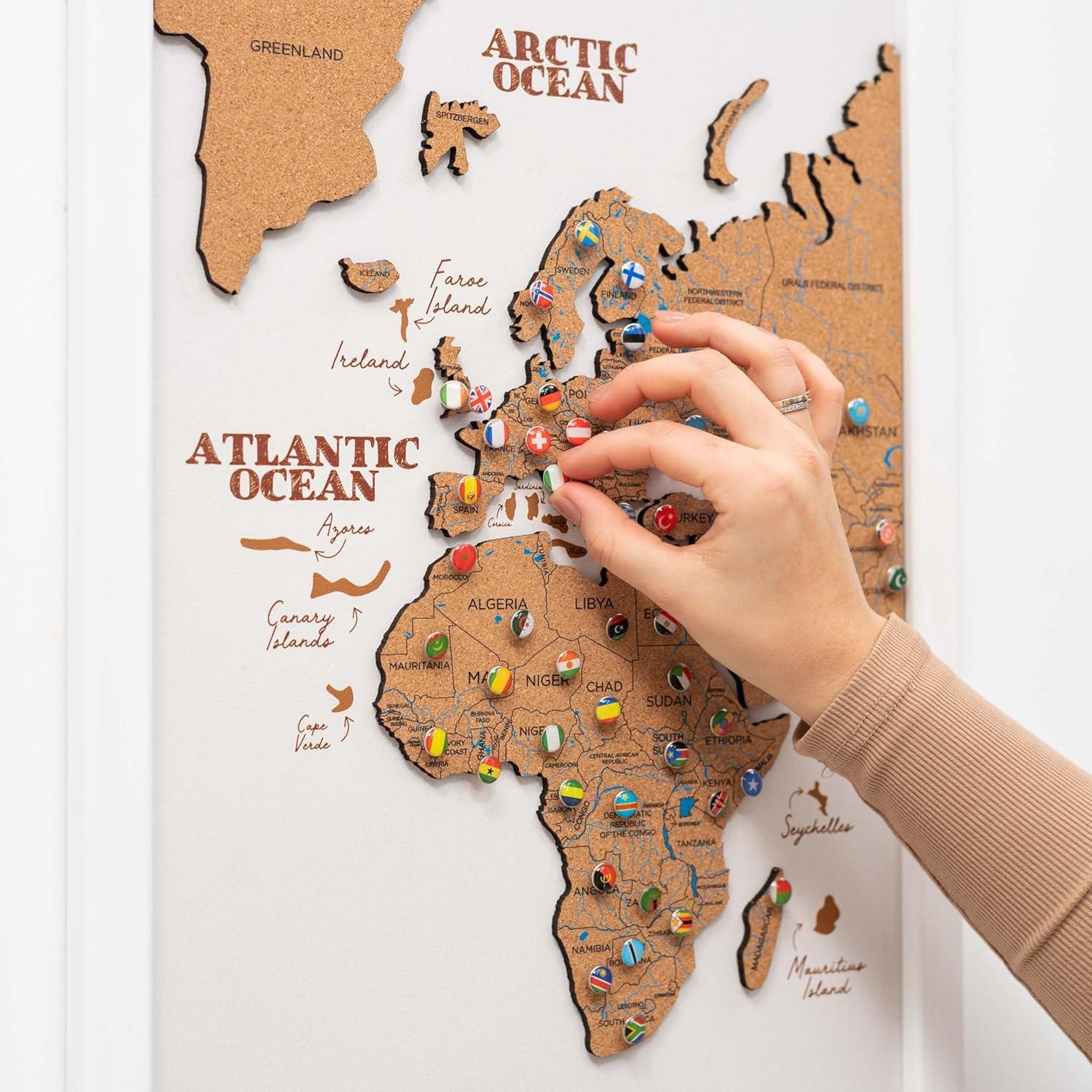 image:imageEnjoy The Wood Framed World Map Wall Art Wood Travel Decor 3D World Map On Board 3 Panels Wall Rustic Decoration Housewarming Gift Medium Triptych CruiseCork