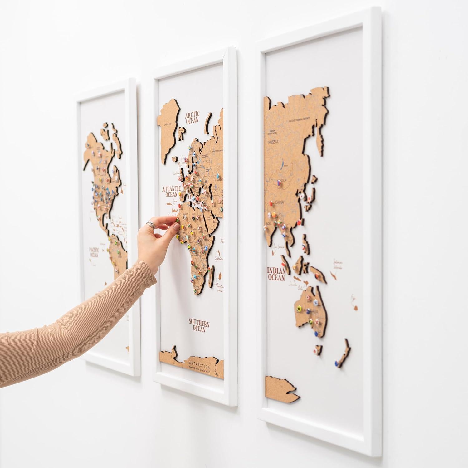 image:imageEnjoy The Wood Framed World Map Wall Art Wood Travel Decor 3D World Map On Board 3 Panels Wall Rustic Decoration Housewarming Gift Medium Triptych CruiseCork