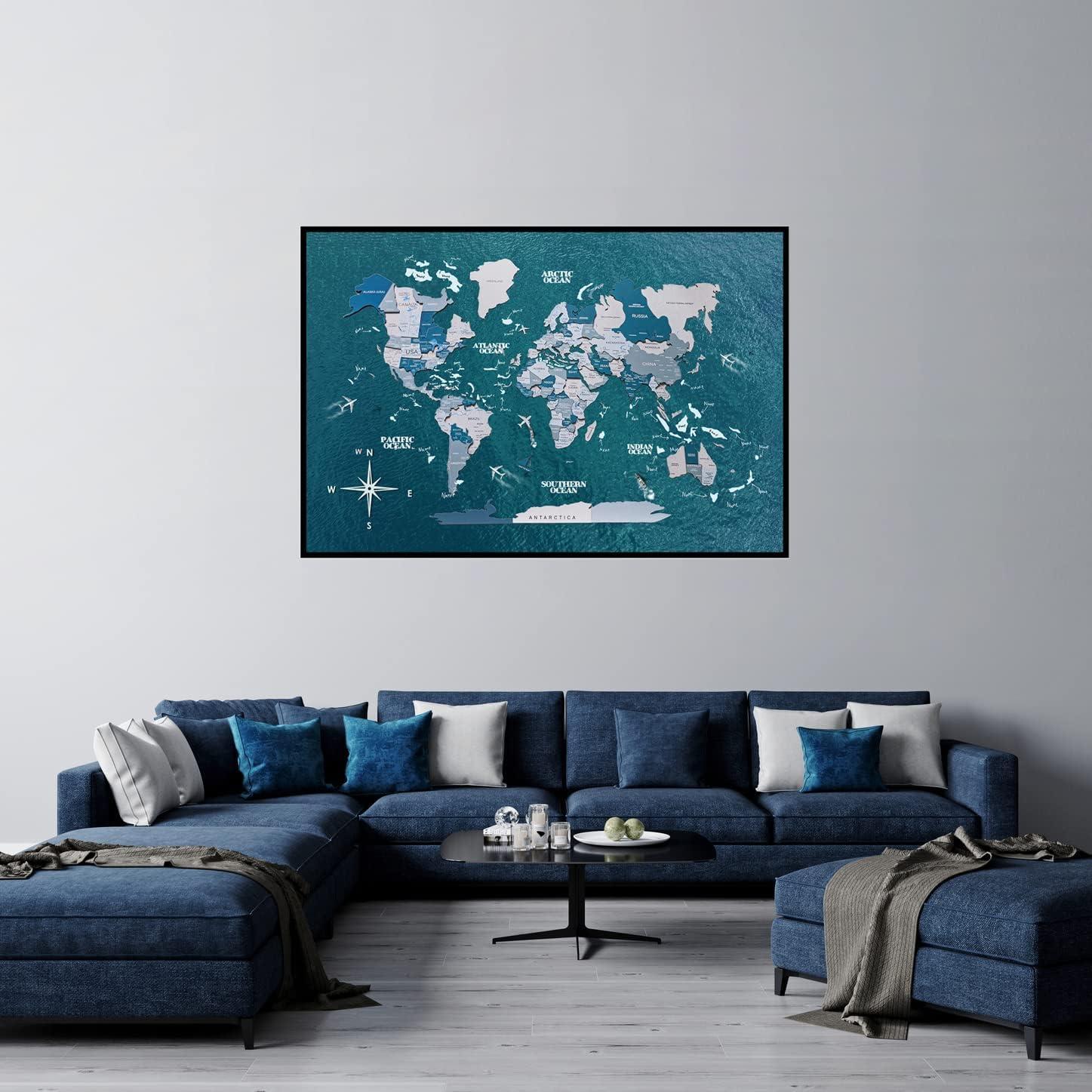 image:imageEnjoy The Wood Framed World Map Wall Art Wood Travel Decor 3D World Map On Board Wall Rustic Decoration Housewarming Gift Medium Board AquaAqua