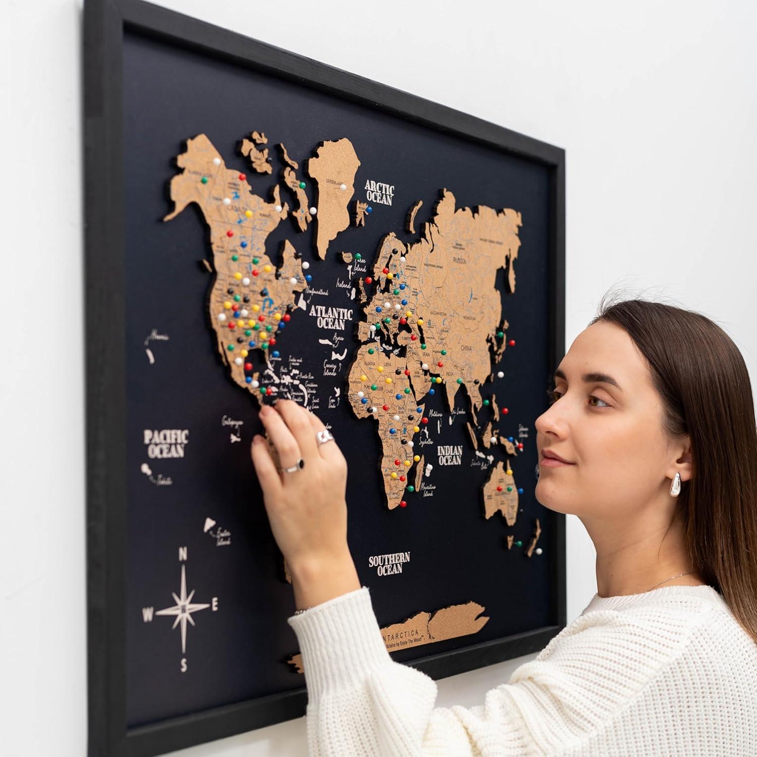 image:imageEnjoy The Wood Framed World Map Wall Art Wood Travel Decor 3D World Map On Board Wall Rustic Decoration Housewarming Gift Medium Board MysteryCork