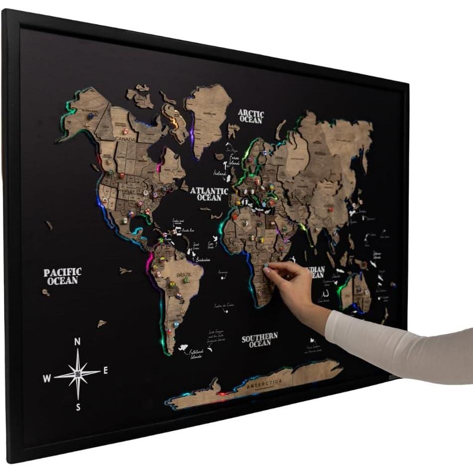 image:imageENJOY THE WOOD Wooden World Map on Board with LED Backlight 20 Handmade World Maps for Wall with Frame Personalizable Travel Map with Pins for Living Room Office or Bedroom Multicolor MediumTerra