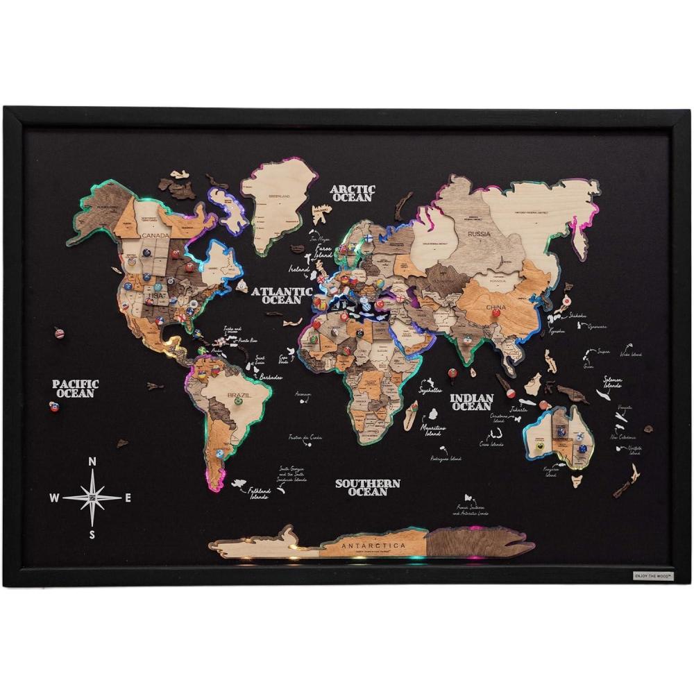 image:imageENJOY THE WOOD Wooden World Map on Board with LED Backlight 20 Handmade World Maps for Wall with Frame Personalizable Travel Map with Pins for Living Room Office or Bedroom Multicolor MediumMulticolor