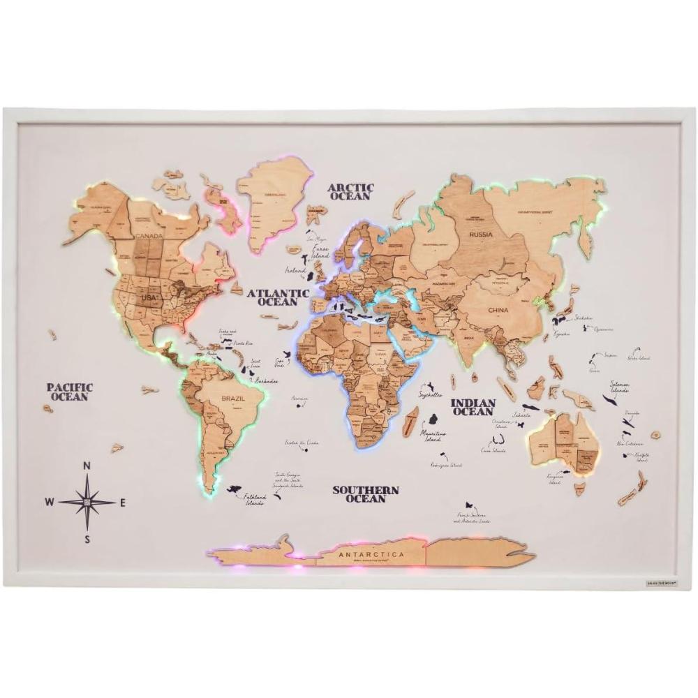 image:imageENJOY THE WOOD Wooden World Map on Board with LED Backlight 20 Handmade World Maps for Wall with Frame Personalizable Travel Map with Pins for Living Room Office or Bedroom Multicolor MediumLight