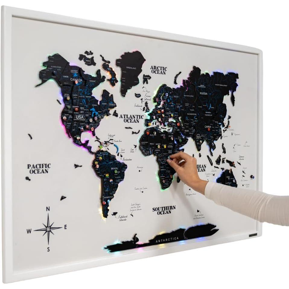 image:imageENJOY THE WOOD Wooden World Map on Board with LED Backlight 20 Handmade World Maps for Wall with Frame Personalizable Travel Map with Pins for Living Room Office or Bedroom Multicolor MediumMidnight