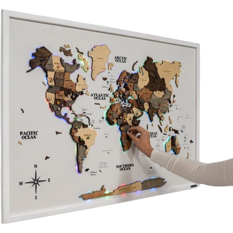 image:imageENJOY THE WOOD Wooden World Map on Board with LED Backlight 20 Handmade World Maps for Wall with Frame Personalizable Travel Map with Pins for Living Room Office or Bedroom Multicolor MediumSmokey