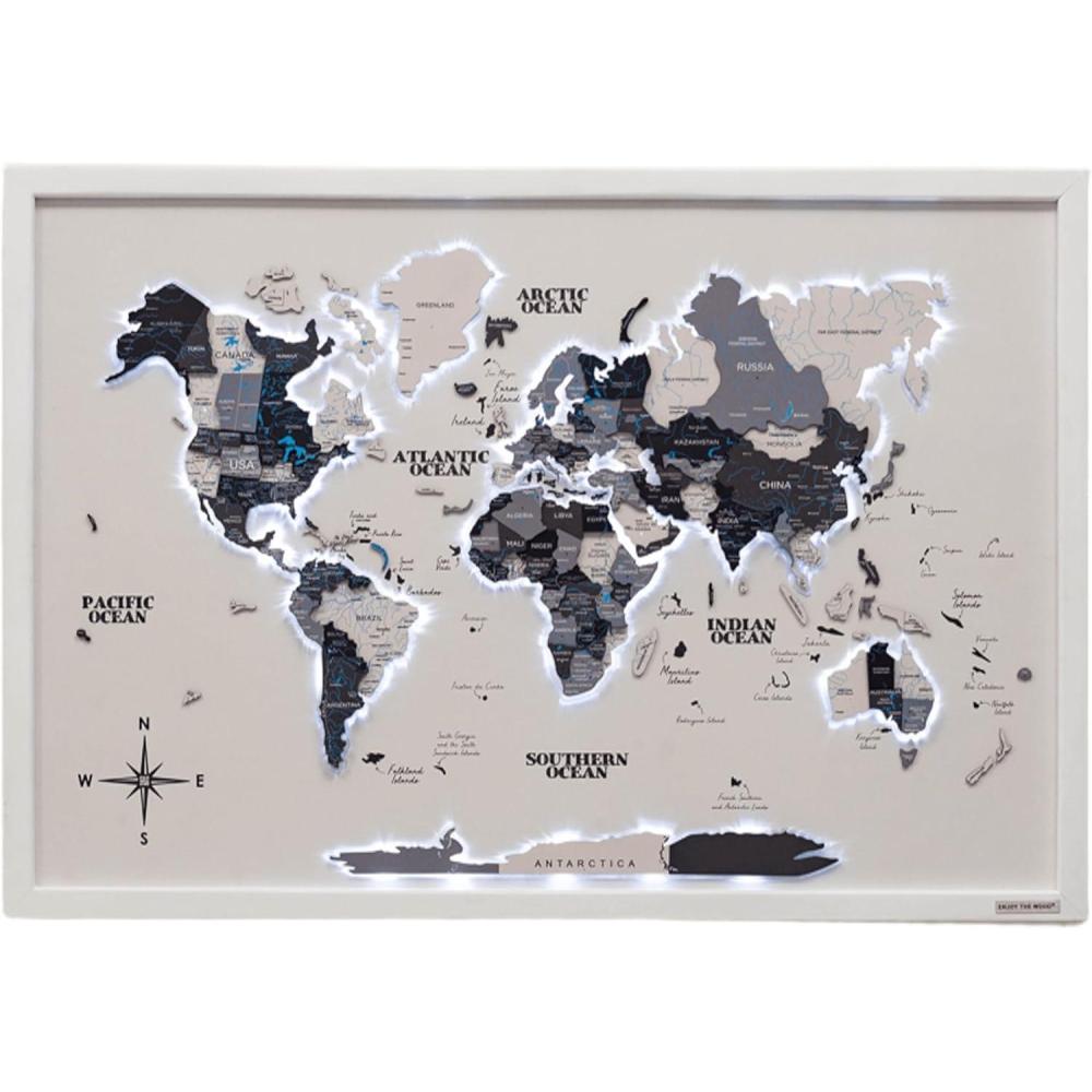 image:imageENJOY THE WOOD Wooden World Map on Board with LED Backlight 20 Handmade World Maps for Wall with Frame Personalizable Travel Map with Pins for Living Room Office or Bedroom Multicolor MediumNordik