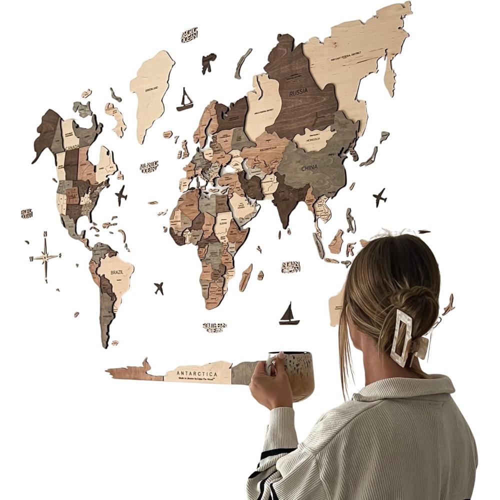 image:imageEnjoy The Wood 3D Wood World Map Wall Art Large Wall Dcor World Travel Map Any Occasion Gift Idea Wall Art for Home amp Kitchen or Office Large SmokeySmokey