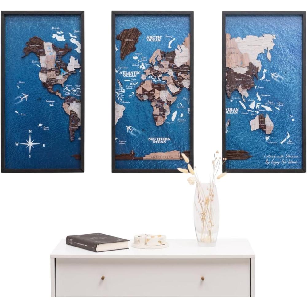 image:imageEnjoy The Wood Framed World Map Wall Art Wood Travel Decor 3D World Map On Board 3 Panels Wall Rustic Decoration Housewarming Gift Medium Triptych CruiseCappuccino