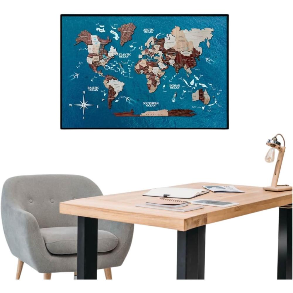 image:imageEnjoy The Wood Framed World Map Wall Art Wood Travel Decor 3D World Map On Board Wall Rustic Decoration Housewarming Gift Medium Board AquaCappuccino