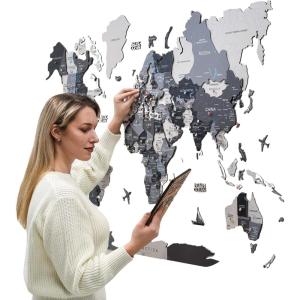 ENJOY THE WOOD Wooden Map Wall Decor Colored Wood World Maps for Wall with Rivers and Lakes – Travel The World Map Art Decor Housewarming Gift Idea (Azure, M)(Nordic)