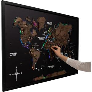 ENJOY THE WOOD Wooden World Map on Board with LED Backlight 2.0 – Handmade World Maps for Wall with Frame – Personalizable Travel Map with Pins for Living Room, Office or Bedroom (Multicolor, Medium)(Dark Walnut)
