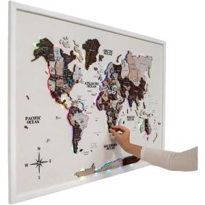 ENJOY THE WOOD Wooden World Map on Board with LED Backlight 2.0 – Handmade World Maps for Wall with Frame – Personalizable Travel Map with Pins for Living Room, Office or Bedroom (Multicolor, Medium)(Cappuccino)