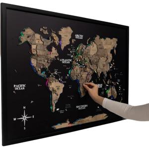 ENJOY THE WOOD Wooden World Map on Board with LED Backlight 2.0 – Handmade World Maps for Wall with Frame – Personalizable Travel Map with Pins for Living Room, Office or Bedroom (Multicolor, Medium)(Terra)