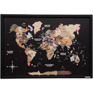 ENJOY THE WOOD Wooden World Map on Board with LED Backlight 2.0 – Handmade World Maps for Wall with Frame – Personalizable Travel Map with Pins for Living Room, Office or Bedroom (Multicolor, Medium)(Multicolor)