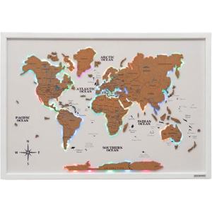 ENJOY THE WOOD Wooden World Map on Board with LED Backlight 2.0 – Handmade World Maps for Wall with Frame – Personalizable Travel Map with Pins for Living Room, Office or Bedroom (Multicolor, Medium)(Cork)