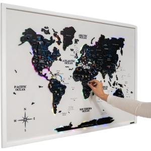 ENJOY THE WOOD Wooden World Map on Board with LED Backlight 2.0 – Handmade World Maps for Wall with Frame – Personalizable Travel Map with Pins for Living Room, Office or Bedroom (Multicolor, Medium)(Midnight)