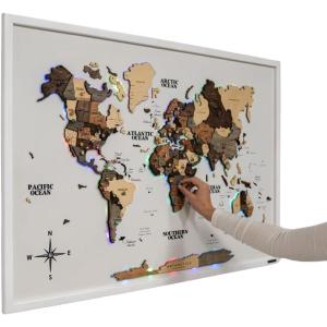 ENJOY THE WOOD Wooden World Map on Board with LED Backlight 2.0 – Handmade World Maps for Wall with Frame – Personalizable Travel Map with Pins for Living Room, Office or Bedroom (Multicolor, Medium)(Smokey)