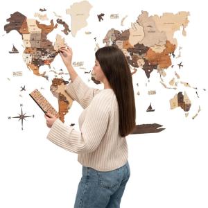 Enjoy The Wood 3D Wood World Map Wall Art Large Wall Décor – World Travel Map – Any Occasion Gift Idea – Wall Art for Home & Kitchen or Office (Small, Dark Walnut)(Multicolor)
