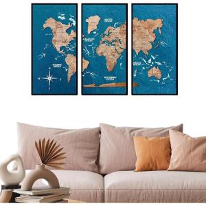 Enjoy The Wood Framed World Map Wall Art Wood Travel Decor 3D World Map On Board 3 Panels Wall Rustic Decoration Housewarming Gift (Medium, Triptych, Cruise)(Terra)