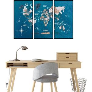 Enjoy The Wood Framed World Map Wall Art Wood Travel Decor 3D World Map On Board 3 Panels Wall Rustic Decoration Housewarming Gift (Medium, Triptych, Cruise)(Mystery)