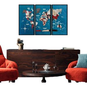 Enjoy The Wood Framed World Map Wall Art Wood Travel Decor 3D World Map On Board 3 Panels Wall Rustic Decoration Housewarming Gift (Medium, Triptych, Cruise)(Urban)