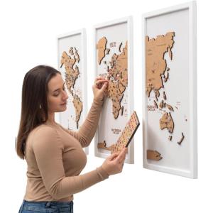 Enjoy The Wood Framed World Map Wall Art Wood Travel Decor 3D World Map On Board 3 Panels Wall Rustic Decoration Housewarming Gift (Medium, Triptych, Cruise)(Cork)