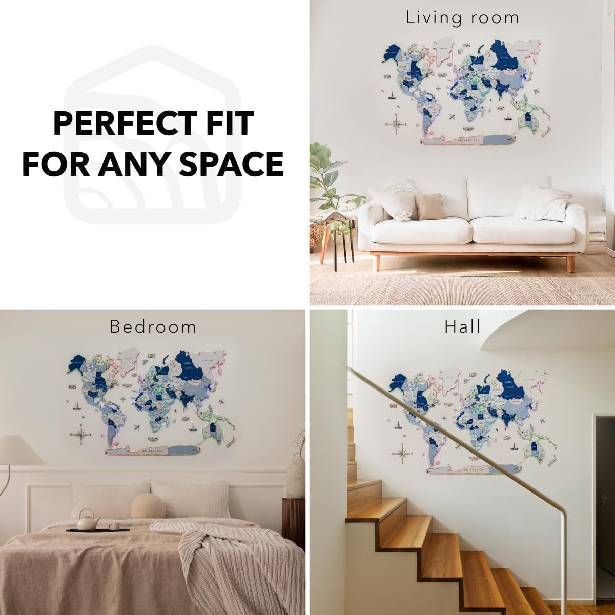image:imageEnjoy The Wood 3D LED 20 Wood World Map Wall Art Modern Home Decor Gifts Travel Wooden Maps Pinboard with Backlighting LED Lighting Wall Decor Housewarming Gift Idea MysteryAqua